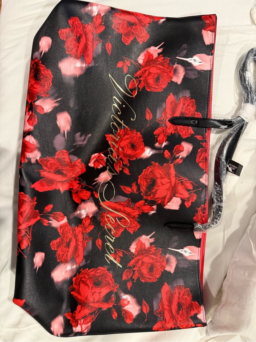 Victoria's Secret Black Tote with Red Floral Print and Gold Script